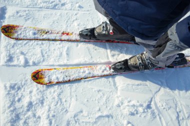 Kar üzerinde mavi pantolonlu kayakçı Poltava bölgesi 17 Ocak 2025