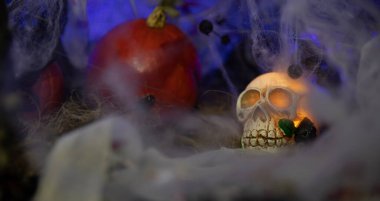 Cadılar Bayramı kafatası ve karanlık gizemli atmosferde kabaklar ve örümcek ağları.