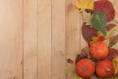 Mevsimsel tasarım için ahşap zemin üzerinde sonbahar yaprakları olan balkabakları