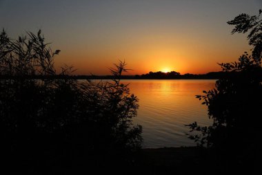 Altın yansımalar ve karanlık siluetlerle sakin nehrin üzerinde gün batımı