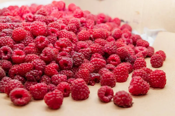 Karton bir kutuda taze kırmızı ahududular yerel pazarda satılmaya hazır.