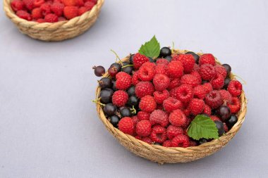 Taze ahududu ve siyah frenk üzümlü sepet. Sağlıklı yaz meyveleri.