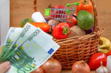 Avro banknotları, artan market fiyatlarını gösteren taze sebze sepetinin üzerinde.