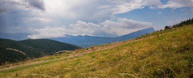 Yaban otları ve uzak bulutlu gökyüzü ile manzaralı dağ kulübeleri.