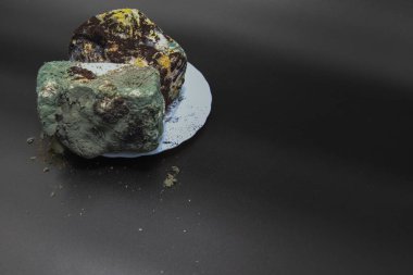 Gelişmiş mantar çürümesini gösteren ağır küflü ekmek somunu siyah arka planda izole edilmiş.