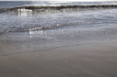 Islak kumlu sahilde hafif deniz dalgaları minimum doğal arka plan oluşturur.