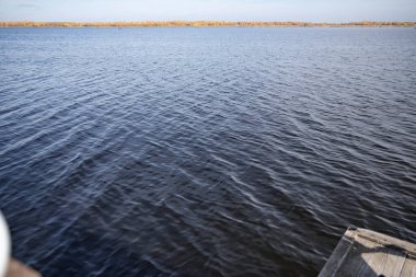 Küçük dalgalar ve açık gökyüzü altında uzak sonbahar kıyı şeridi ile göl yüzeyi