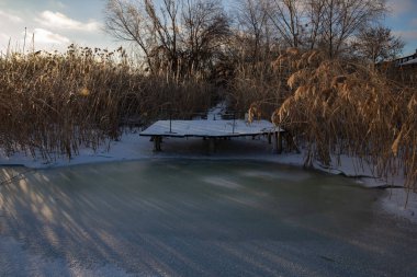 Donmuş nehrin üzerinde kış günbatımı. Sazlıklar buzun üzerinde uzun gölgeler bırakıyor.