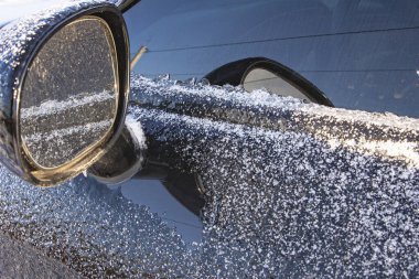 Soğuk kış koşullarında arabanın penceresi buz ve buzla kaplıdır.