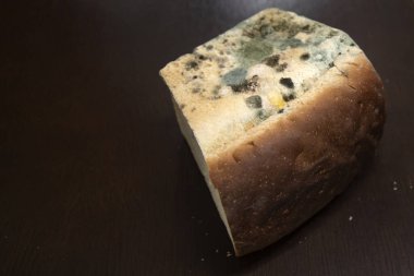 Ahşap masada yeşil mantarlı küflü beyaz ekmek.