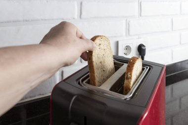 Ekmek dilimlerini kırmızı mutfak tost makinesine koyup modern ev mutfağının içindeki siyah tezgahın üzerine koymak.