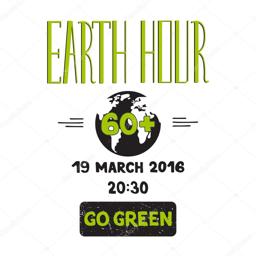 Vector hand drawn lettering on white background. Retro style calligraphy for Earth hour. For greeting card, logo, badge, print, poster, party design.