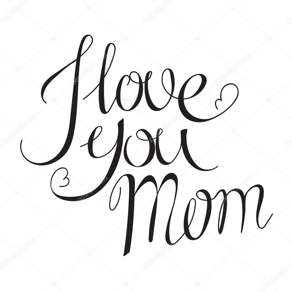 Vector hand drawn lettering. Phrase I love you Mom, black on white background, for greeting card, logo, badge, print, other designs. Ornate retro vintage style calligraphy for Mothers Day