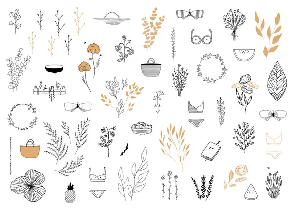 Set van vectorminimalistische handgetekende pictogrammen. Bloemen en zomer thema. — Stockvector