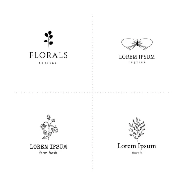 Ensemble de modèles de logo avec des fleurs et des illustrations vectorielles dessinées à la main d'été. — Image vectorielle