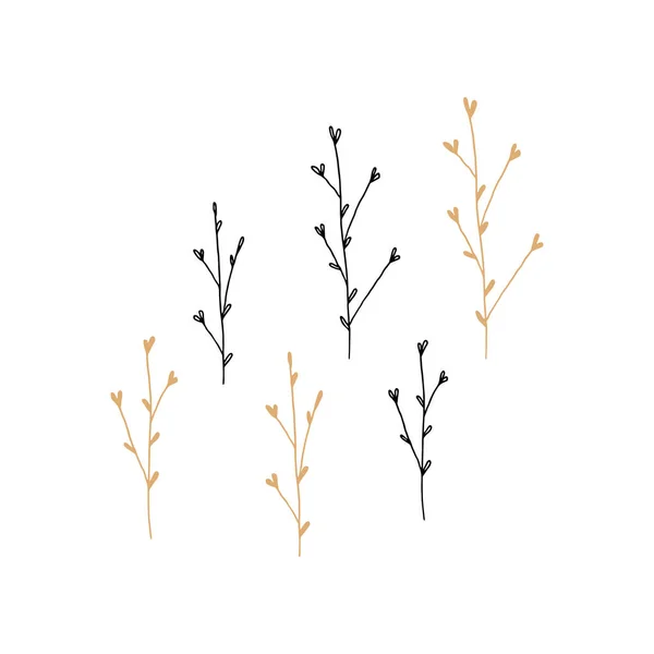 Ramas dibujadas a mano con hojas. Iconos florales, gráficos minimalistas vectoriales. — Archivo Imágenes Vectoriales