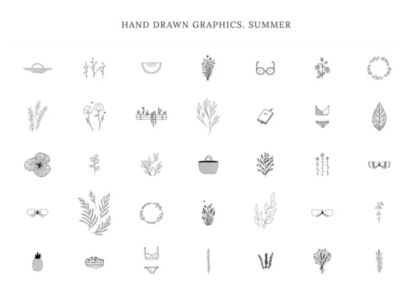 Florais e tema de verão. Conjunto de ícones desenhados à mão vetoriais. —  Vetores de Stock