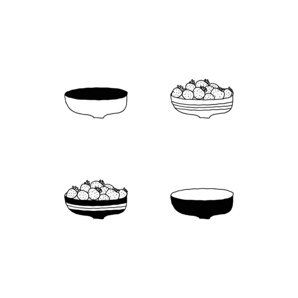 Icônes simples dessinées à la main vectorielles. Fruits d'été, fraises dans un bol. — Image vectorielle