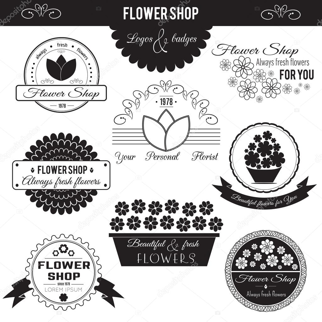 Set of flower symbols, logotypes, badges, icons and signs. Vector floral collection. Black and white design elements for flower shops and florists.