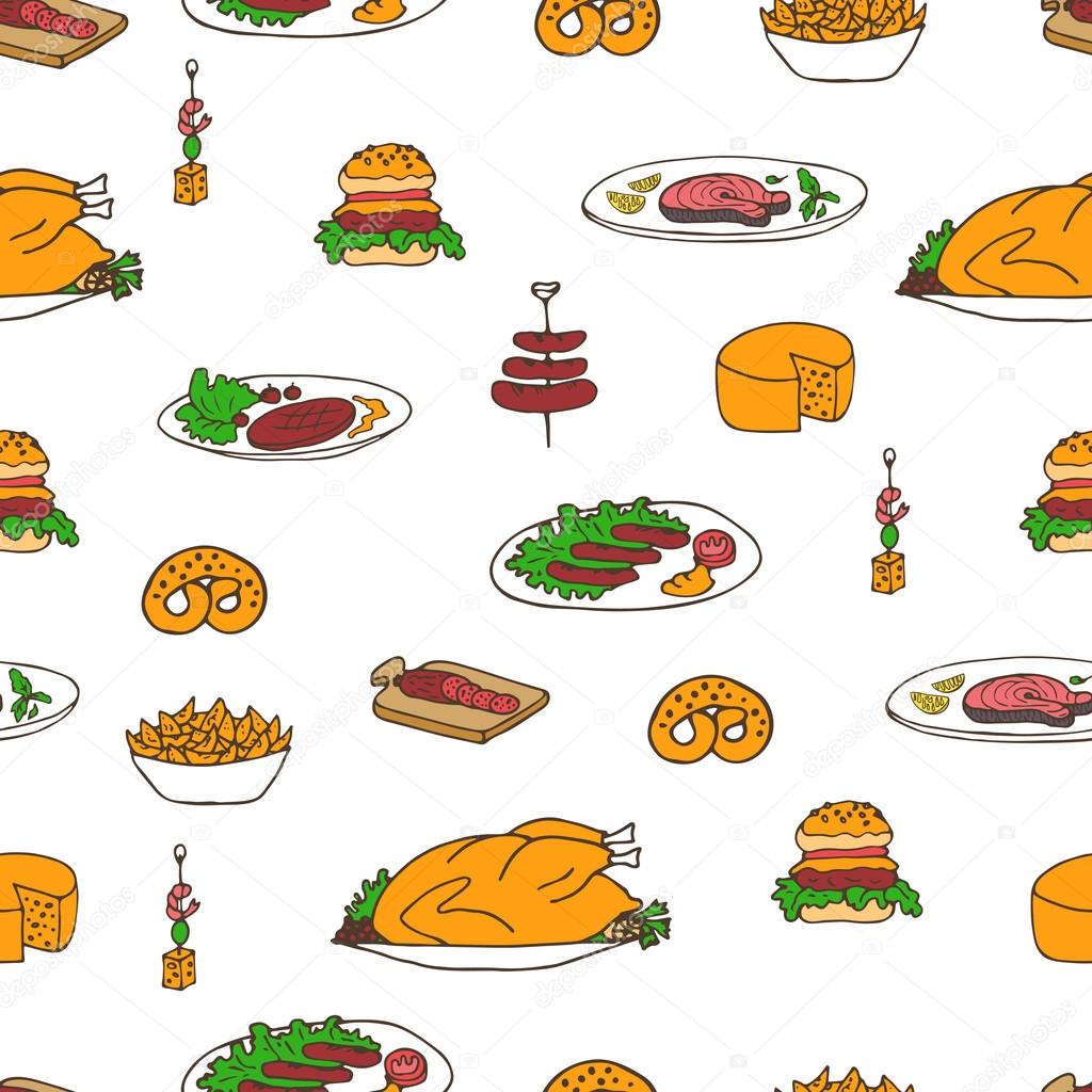 Food and snacks doodle pattern