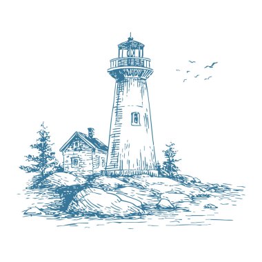 Denize yakın tarihi bir deniz fenerinin antik oyma vektör çizimi. Seyahat posterleri, kitap kapakları, kalıtım markaları, editoryal yerleşimler ve klasik duvar dekorları için zamansız kıyı işaretli sanat eserleri ideal.