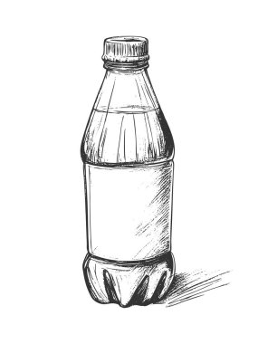 Su şişesi elle çizilmiş, şehir mürekkebi taslak tarzında, içinde temiz tasarımı olan küçük bir içki şişesi var. Paketleme, içecek etiketleri, sağlık pazarlaması, fitness ve eko yaşam tarzı projeleri ve hidrasyon tasarımı için mükemmel..