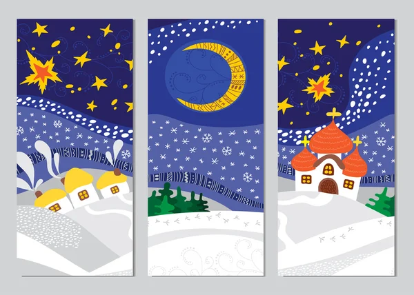 Conjunto de tarjetas de paisaje de la noche de Navidad — Archivo Imágenes Vectoriales