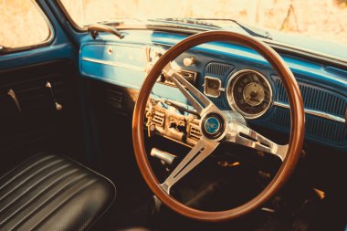 Orman yaprakları kahverengi vintage araba Volkswagen retro mavi renk