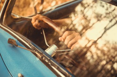 Orman yaprakları kahverengi vintage araba Volkswagen retro mavi renk