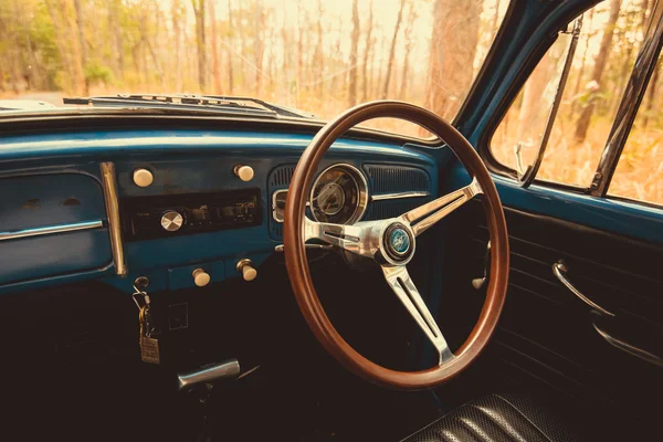 Vintage autó Volkswagen retro kék színű erdei levelek Brown — Stock Fotó