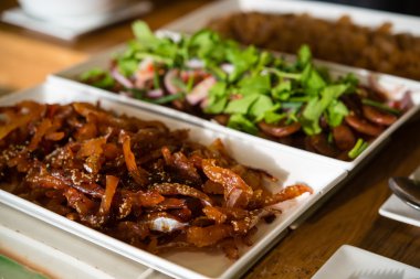 Fried pork served with rice in the morning.