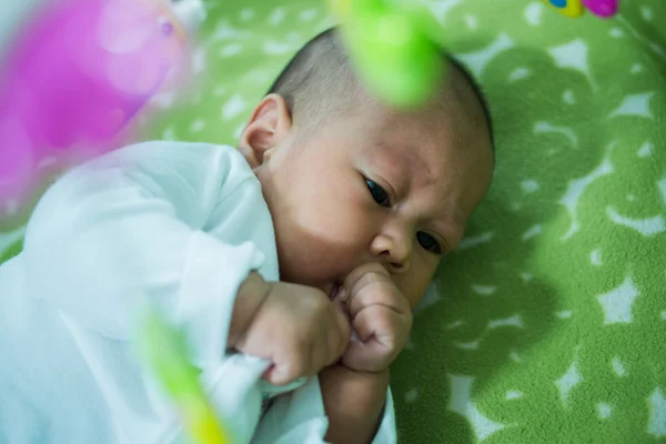 Bayi Asia tergeletak di tempat tidur ikan menggantung . — Stok Foto