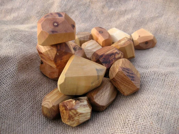 Set Wooden Balancing Stones Tumi Ishi Toy Sackcloth — Stock Photo, Image