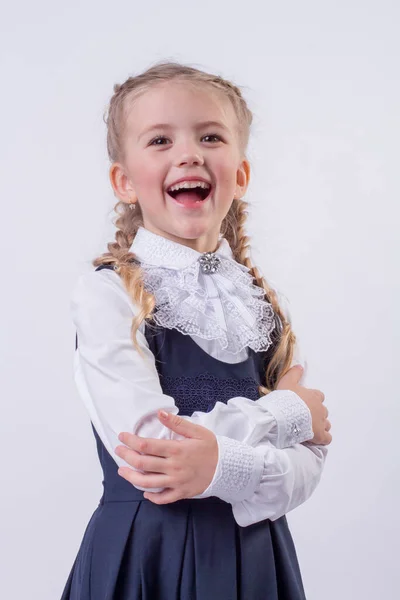 Beautiful Smiling Blonde Girl Braids Schoolgirl Uniform — 스톡 사진