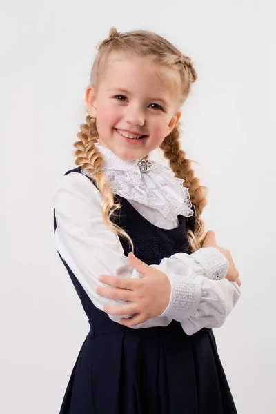 Beautiful Smiling Blonde Girl Braids Schoolgirl Uniform — 스톡 사진