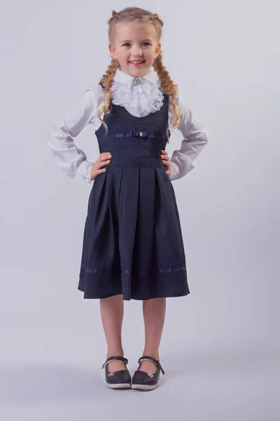 Beautiful Smiling Blonde Girl Braids Schoolgirl Uniform — 스톡 사진