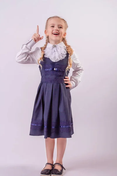 Beautiful Smiling Blonde Girl Braids Schoolgirl Uniform — 스톡 사진