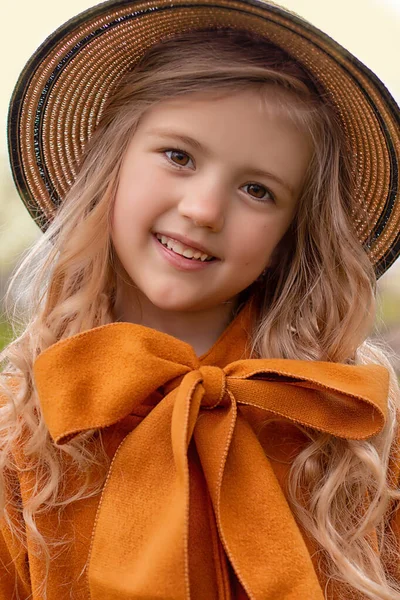 Beautiful Cute Blonde Girl Spring Blooming Garden Terracotta Coat Hat — 스톡 사진