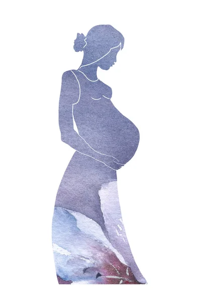 Молодая Беременная Женщина Силуэт Абстрактном Стиле Иллюстрация Акварелью Белом Фоне — стоковое фото