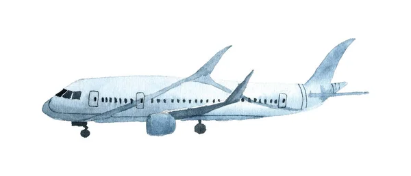 白い背景に旅客機 アイコンやポストカード用の水彩画手描きイラスト 平面の独立した図面 — ストック写真