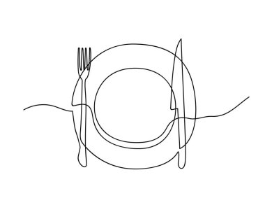 Tabak, Bıçak ve Çatal 'ın kesintisiz çizimi. Restoran menüsü için çizgi sanatı tarzında minimalist vektör illüstrasyonu. Beyaz arkaplanda siyah çizim
