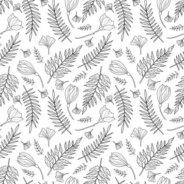 Floral seamless vector Pattern with Plants and leaves. Black Illustration on white background for textiles or wrapping paper. May be used as coloring