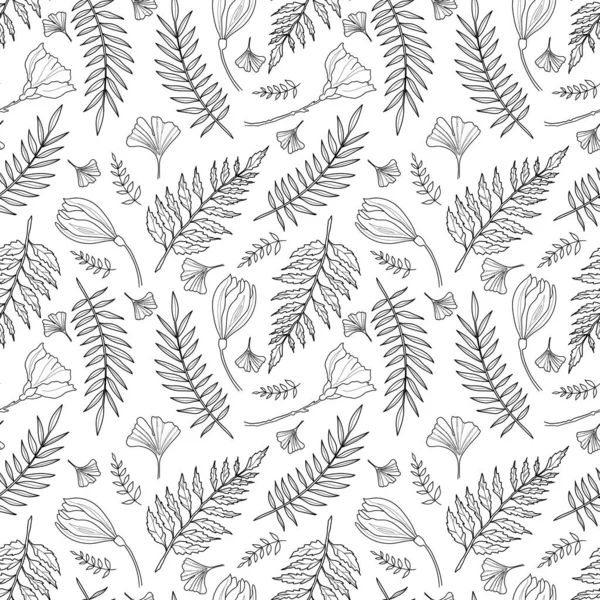 Floral Seamless Vector Pattern Plants Leaves Black Illustration White Background — Image vectorielle
