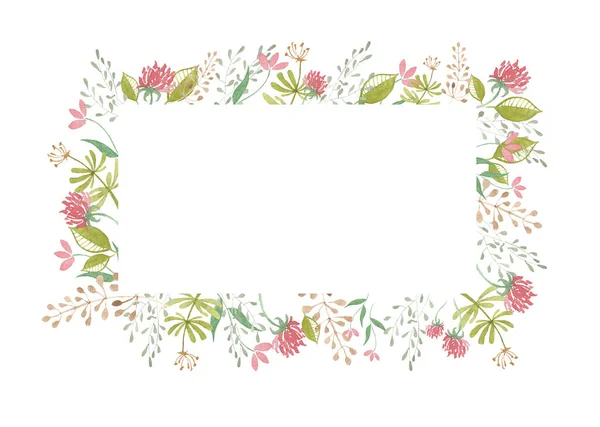 叶和花的水彩花框架 手工绘制婚宴邀请函或任何设计的边框图解 白色隔离背景下的植物 — 图库照片