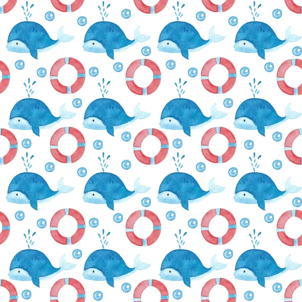 Watercolor pattern with whales and preservers