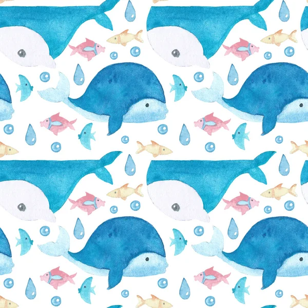 Motif aquarelle avec baleines et différents poissons — Photo