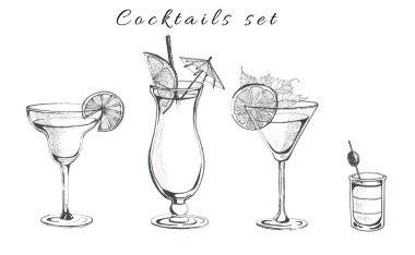 Klasik kokteyller. Restoran menüsü için elle çizilmiş soğuk içecek tasviri. İzole edilmiş beyaz arkaplanda grafikler