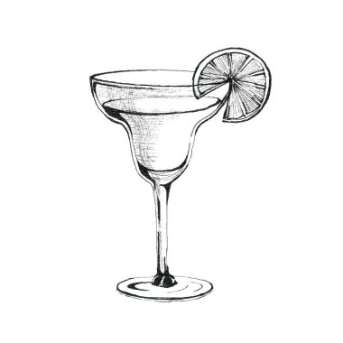 Klasik Alkolik Kokteyl Margarita. Soğuk yaz içeceği. Bar Menüsü 'nün el çizimi çizimi. Beyaz arkaplandaki izole nesne