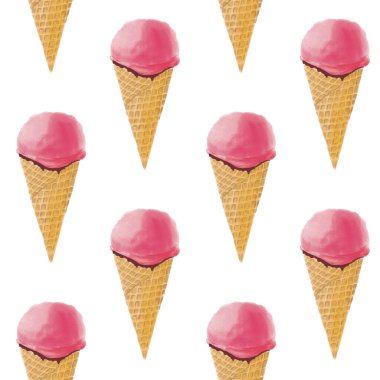 Waffle külahında dondurma ile renksiz yaz deseni. El çizimi suluboya arka plan. Beyaz arkaplandaki izole nesneler. Yazdırma veya paketleme kağıdı için tasarım