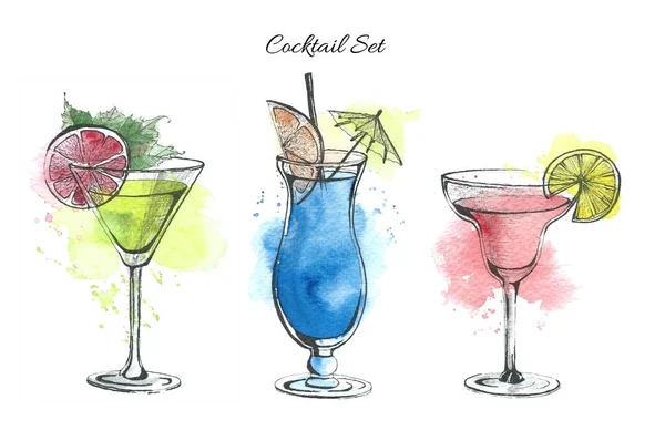 Set Von Sommer Aquarell Cocktails Transparenten Gläsern Handgezeichnete Illustration Kalter — Stockfoto